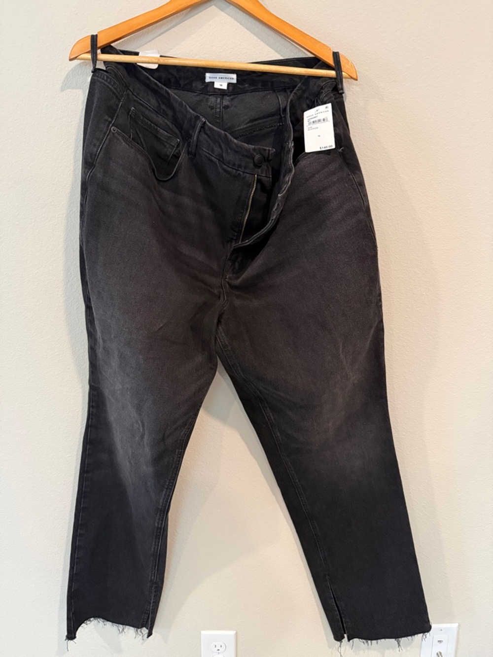 Good American Black Denim High Rise Straight Leg Slit